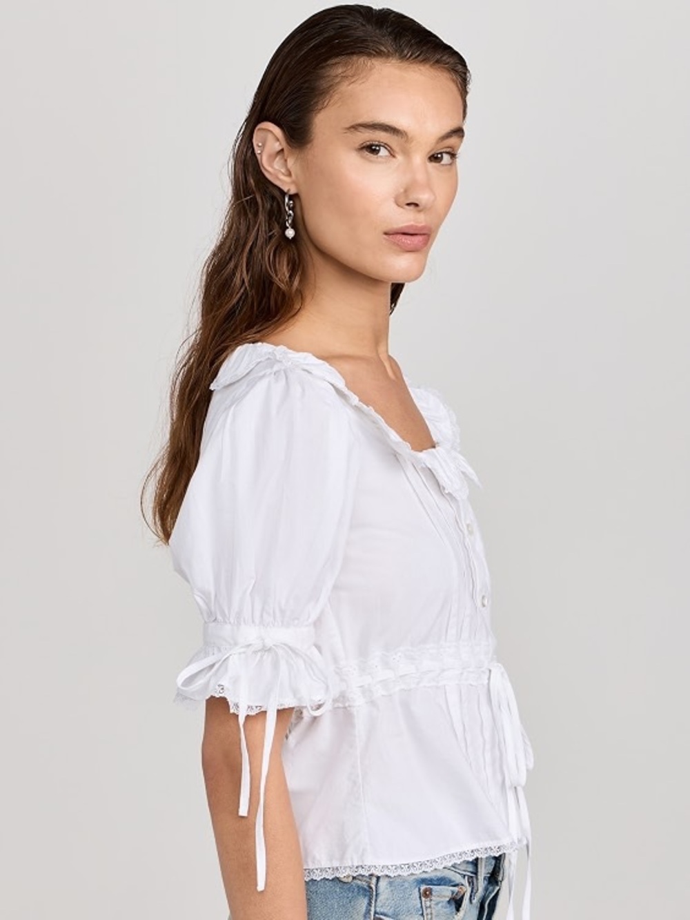 Sandy Liang Melon Blouse Top Lace Pintuck Buttondown Solid White XS - Picture 2 of 8